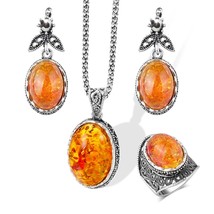 Kinel Hot Oval Simulated Ambers Earrings Ring Jewelry Sets Vintage Look Tibetan  - £18.82 GBP