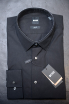 Hugo Boss Men&#39;s Isko Easy Iron Slim Fit Solid Black Cotton Dress Shirt 38 15 - $71.27