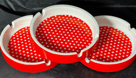 FITZ FLOYD Red Dotted Swiss (3) Ash Trays Red White Polka Dots FF 4-1/2&quot; x 1&quot; FF - £21.33 GBP