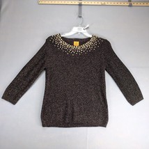 Ruby Rd Metallic Gold Rhinestone Black Top Women&#39;s M 3/4 Sleeve Glam Par... - $20.00