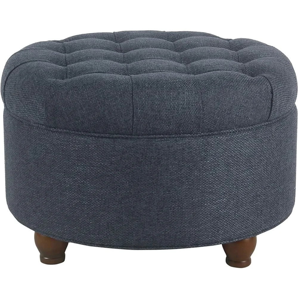Large Button Tufted Woven Round Storage Ottoman for Living Room &amp; Bedroom (Na - £120.58 GBP