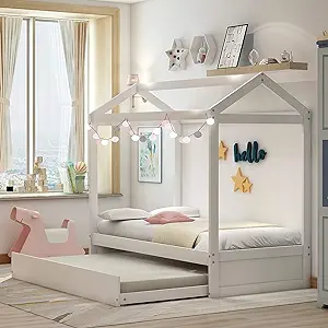 With Trundle,Solid Pinewood Bedframe W/Roof Design,Can Be Decorated,Spac... - $542.99