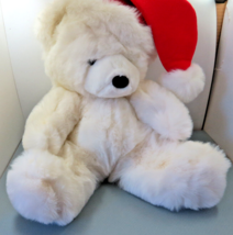 Prestige Christmas White Bear 1985 w/ felt Santa Hat Vintage Long Napped... - $14.00