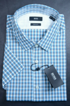 HUGO BOSS Hombre Luka Manga Corta Normal Azul Algodón de Cuadros Camisa Informal - £46.46 GBP