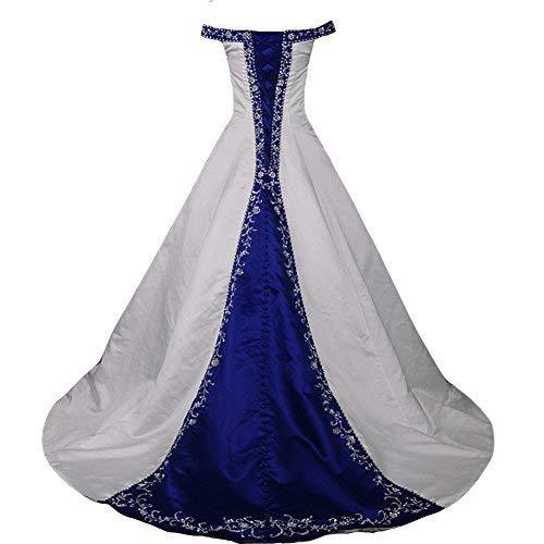 Kivary White and Royal Blue Off Shoulder A Line Beaded Embroidery Wedding Dresse