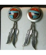 NATIVE AMERICAN ZUNI INLAY ROUND STERLING SILVER EARRINGS By NAVAJO ARTIST - £74.39 GBP