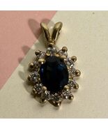 0.10ct Oval Blue Sapphire &amp; Round Diamond Halo Pendant 14K Solid Yellow ... - $593.98