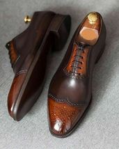 Handmade Men&#39;s two tone brown leather lace-up shoes custom leather oxford shoes - £102.86 GBP