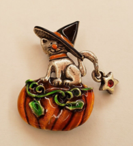 Vintage AJMC Cat Witch Hat Pumpkin Brooch Pin Halloween Pewter  Signed 1.75&quot; - £19.74 GBP