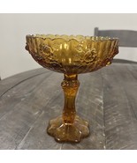 Vintage Fenton Amber Honey Glass Compote Cabbage Rose Pedestal Candy Relish - $17.81