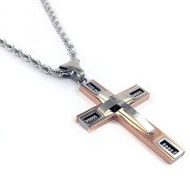 Mens 24&quot; Stainless Steel 4mm Rope Chain Necklace Cross Pendant (Rose Gold Color) - £59.13 GBP