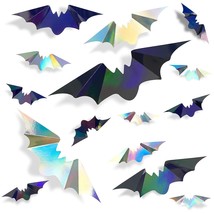 72Pcs Bats Halloween Decoration Iridescent 3D Bats Wall Decor Black Silver Holog - £16.05 GBP