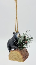 Black Bear On Log Holding Miniature Christmas Tree Ornament w/ Twine Hanger - £7.77 GBP