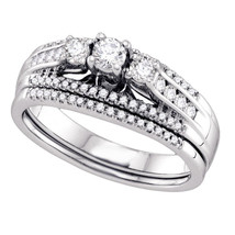 14k White Gold Round 3-stone Diamond Bridal Wedding Engagement Ring Band Set 1/2 - £875.66 GBP