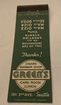 Vintage Matchbook Cover Matchcover Green’s Card Room &amp; Lunch Seattle WA - £2.68 GBP