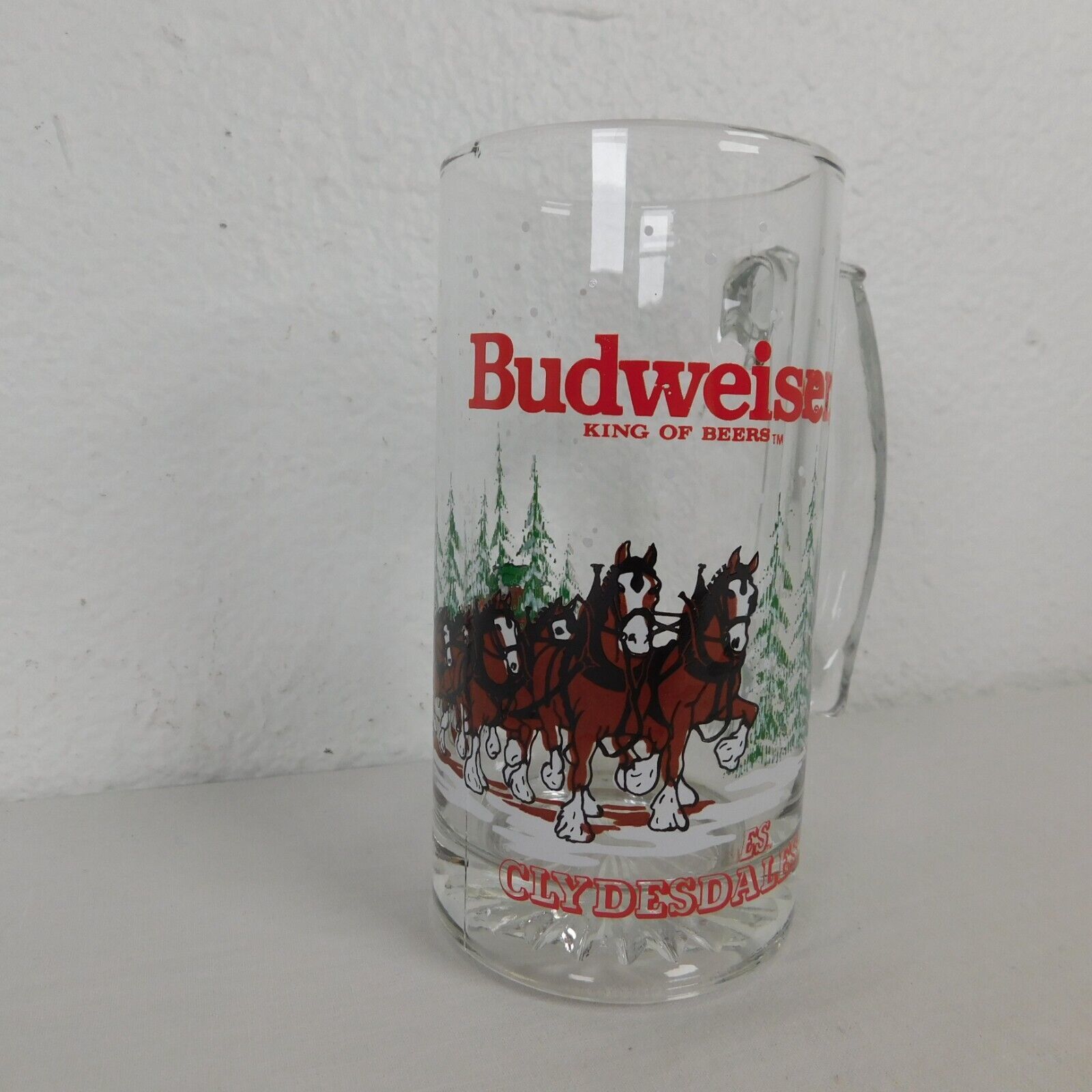 Primary image for Budweiser 1988 Clydesdales Heavy Glass Beer Mug Wagon Christmas Trees Snow 