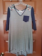 Umgee Women’s Small Blue Beige Striped Cotton Blend High Low Tunic Dress - £8.70 GBP