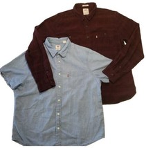 Levis Button Up Shirt Lot of 2 Mens XL Blue Denim Red Plaid Short Long Sleeve - £17.19 GBP