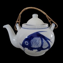 Vintage Chinese China Blue Koi Carp Fish Porcelain Tea Pot Teapot Wicker... - $58.79