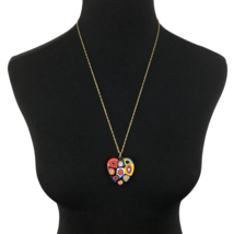 MILLEFIORI art glass heart pendant necklace - vtg 24&quot; gold-tone textured chain - £19.54 GBP