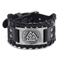 New Trendy Odin Triangle Viking Rune Bracelet Men&#39;s Fashion Metal Leather Woven  - £8.51 GBP