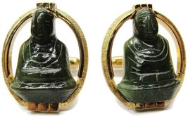 Swank Carved Buddha Green Jade Gold Tone Cufflinks Tux Suit Vintage - £59.34 GBP