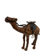 Vintage Camel Sculpture Aged Leather on Hand Carved Wood with Leather Sa... - $28.49