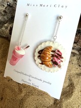 Miniature Milkshake and croissant with strawberry polymer clay earrings, fake fo - £44.33 GBP