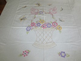 Vtg. Embroidered Daisy Flower Basket &amp; Butterflies Cotton Coverlet - 72&quot; X 74&quot; - £27.61 GBP