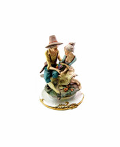 Seated Young Man &amp; Barefoot Woman with Flower Basket Sculpted Porcelain Figurine - £54.69 GBP