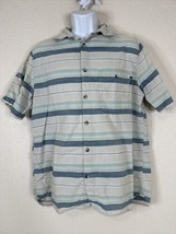 Woolrich Men Size L Blue Striped Button Up Shirt Short Sleeve Pocket - £7.17 GBP