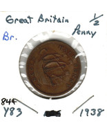 Great Britain 1/2 Penny, 1938, Bronze, KM83 - $1.25