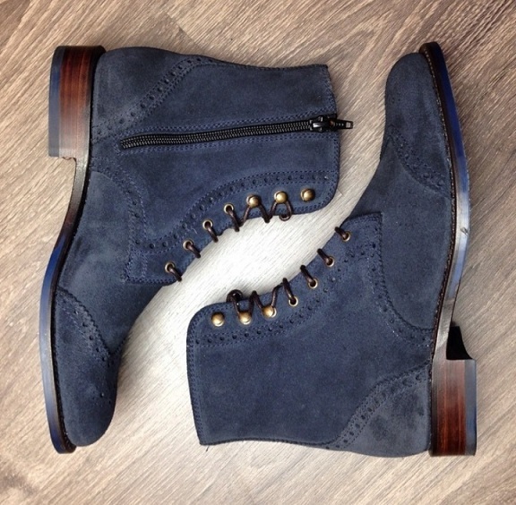 New Handmade Navy Blue Lace Up Wing Tip Brogue Zipper Leather High Ankle Boots