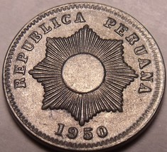 Scarce Rare Unc Peru 1950 Centavo~Radiant Sun~1st Year Ever~Zinc~Free Ship - £4.06 GBP