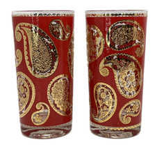 Vintage Pair of 2 Culver Ltd. Paisley 22K Gold Red Orange Highball Glasses MCM - £34.76 GBP
