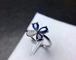 2CT Pear Cut CZ Sapphire Flower Engagement Ring 14K White Gold Plated Silver - £88.25 GBP