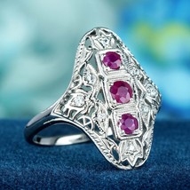 Natural Ruby Diamond Filigree Three Stone Ring in Solid 9K White Gold - £564.31 GBP