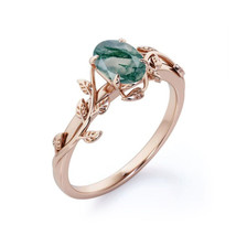 Vintage Moss Agate leaf Engagement Ring, Unique Ring, Oval solid Rose gold Ring - £59.78 GBP+