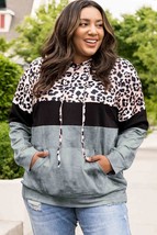 Plus Size Women Leopard Print Color Block Hoodie with Kangaroo Pocket - £39.86 GBP