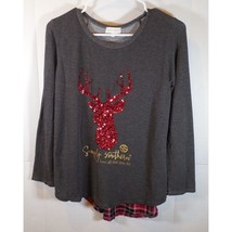 Women&#39;s Simply Southern Grey Plaid Long Sleeve Shirt Sequin Deer Small - $8.77