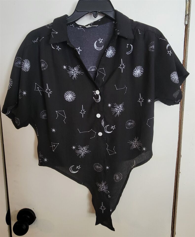 Primary image for Womens S Cozy Casual Black Moon Stars Print Collared Button Down Shirt Blouse