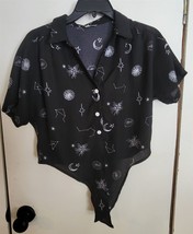 Womens S Cozy Casual Black Moon Stars Print Collared Button Down Shirt B... - $18.81