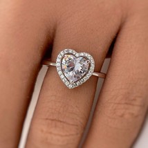 2Ct Certified Moissanite Heart Halo Engagement Ring in 14K White Gold Over 925 - £107.51 GBP