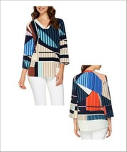 XS Kelly Clinton Relaxed Woven V-Neck Blouse 3/4 Sleeve Striped Cote D&#39; Azur - £15.37 GBP