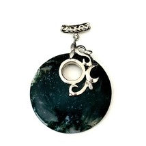 Moss Agate Stone Round Donut Pendant Silvertone Energy Symbol - £17.64 GBP