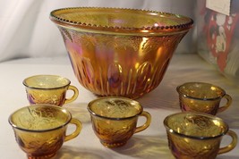 VTG Indiana Glass Harvest Grape Amber Gold Fall Punch Bowl 5 Cups - £39.93 GBP