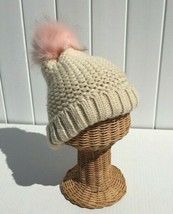 Women Girl Winter Ski Thick Knitted Light Beige /Pink Faux Fur Pom Beanie Hat #C - £20.76 GBP