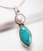 Cultured Pearl and Turquoise Marquise 925 Sterling Silver Necklace Corona Sun - £11.50 GBP