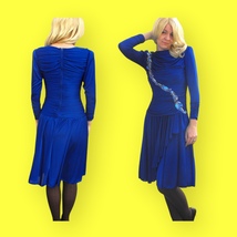 80s Blue Sequin Dress Beaded Ruched Long Sleeve Skater XS Susan Roselli Vijack - £38.32 GBP