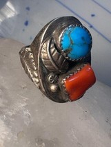 Navajo ring turquoise leaf coral band size 10 sterling silver women men - £180.43 GBP